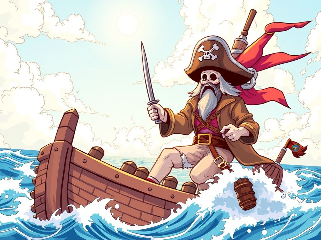 Japanese pirate adventure manga cover on a sunny sea