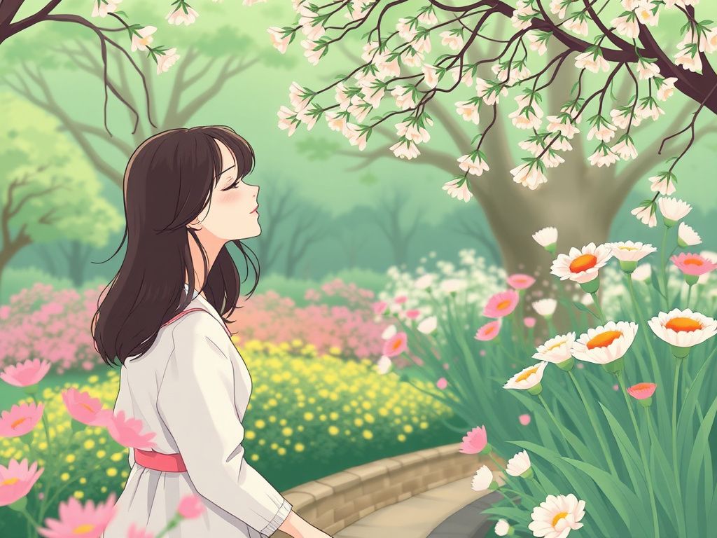 Korean romance webtoon cover with a woman in spring garden